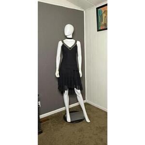 Y2K Black Drop Waist Mini Dress 2000's does 1920's Chiffon Minidress Beaded